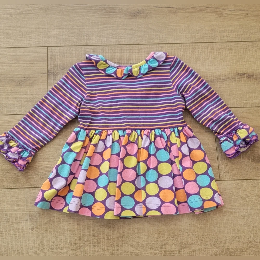 Kelly's Kids Girls Striped Polka Dot Ruffle Tunic Dress Purple Multi Size 3/4